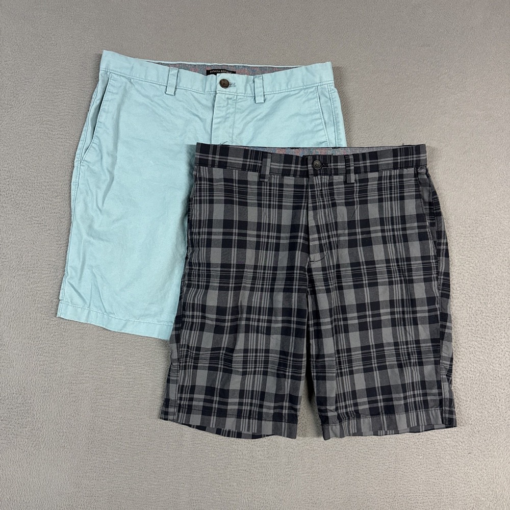 Banana Republic Shorts Lot Bundle Mens 32 (Fits 34) Blue Plaid Flat Front Chino